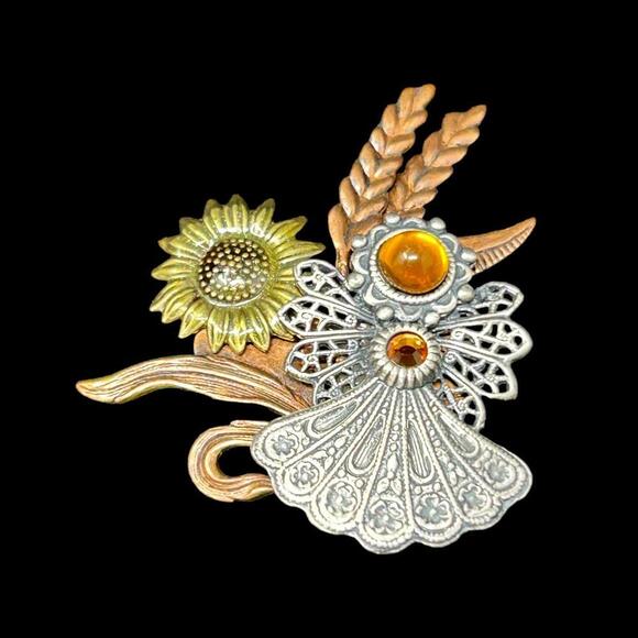 Designer KC Kenneth Cole Mixed Metal Brass Copper Fall Modernist Pin Brooch - Picture 1 of 7